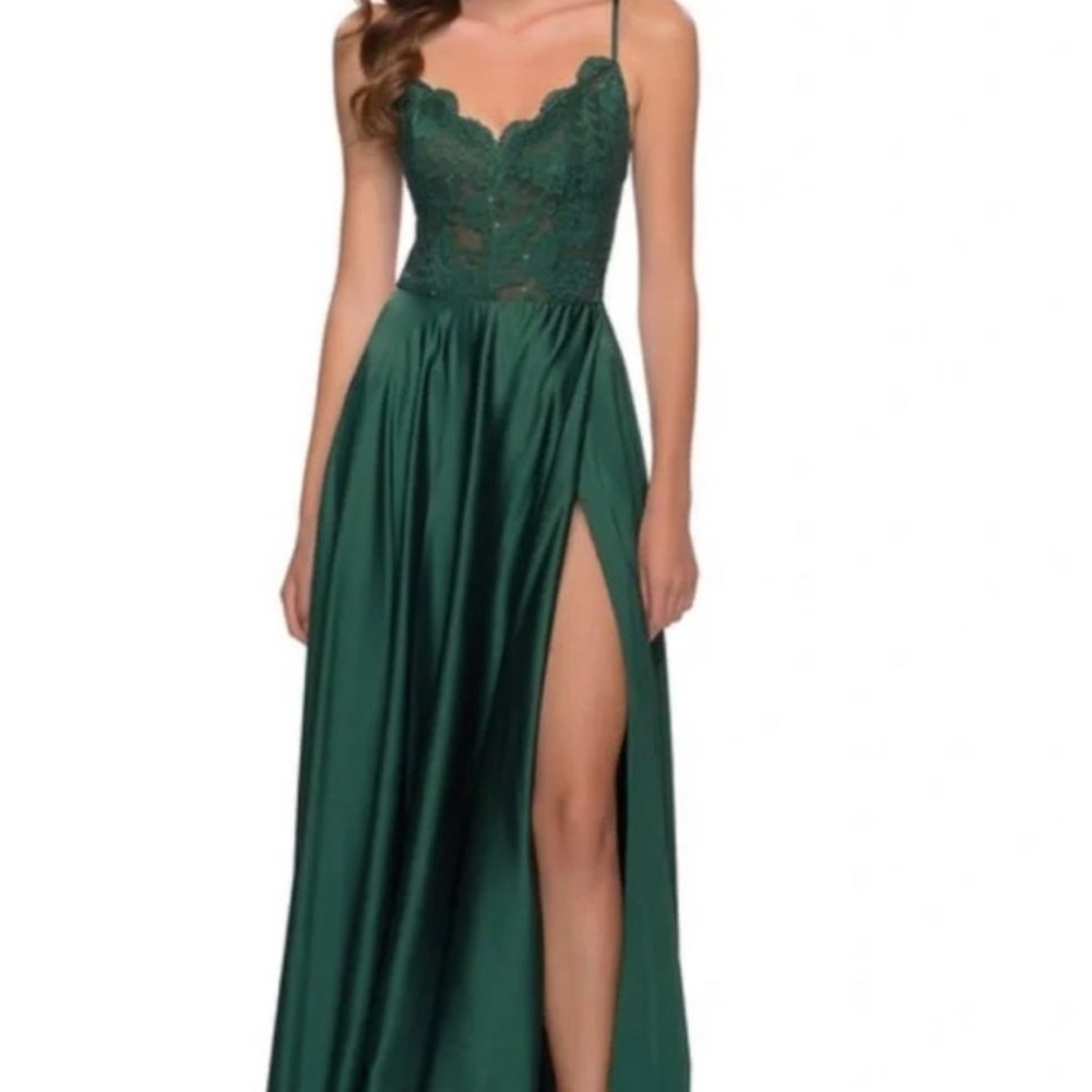 La Femme Green Beaded Lace Strappy Evening Dress
